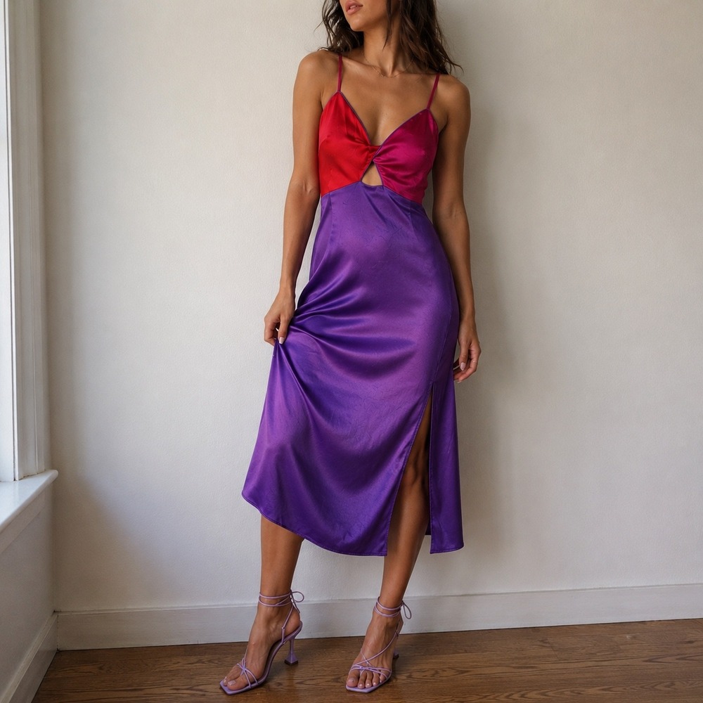 Lulus Purple Color Block Satin Twist-Front Midi Dress XS Y2K Party Cocktail